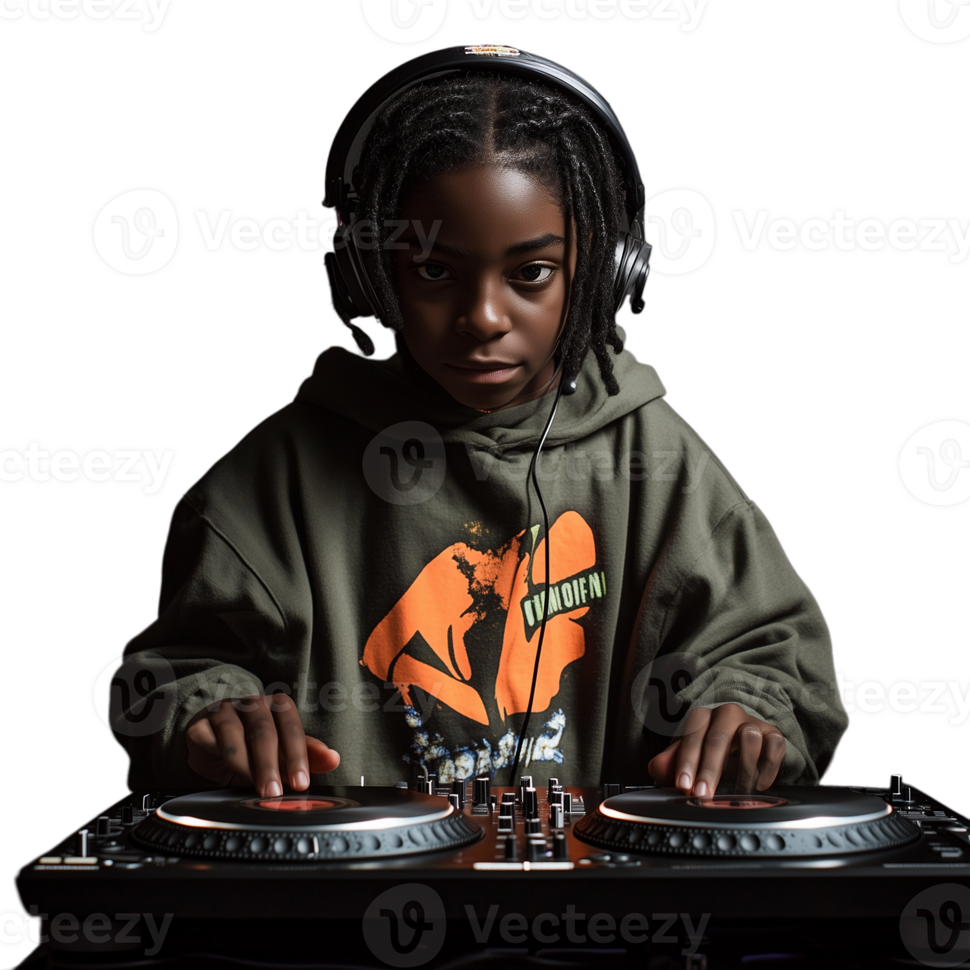 Young girl wearing headphones, focused on mixing music with a DJ