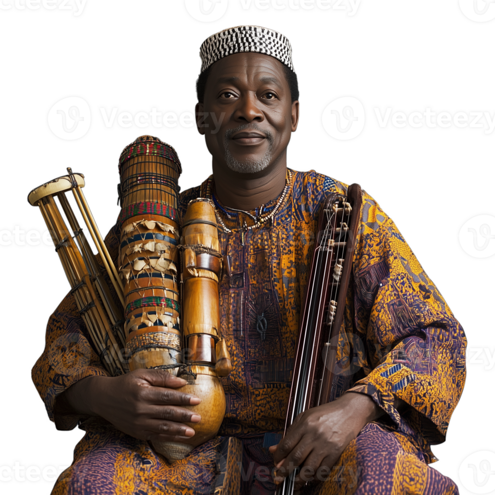 Elderly African man proudly holding traditional drums, dressed in vibrant cultural attire, on a transparent background png