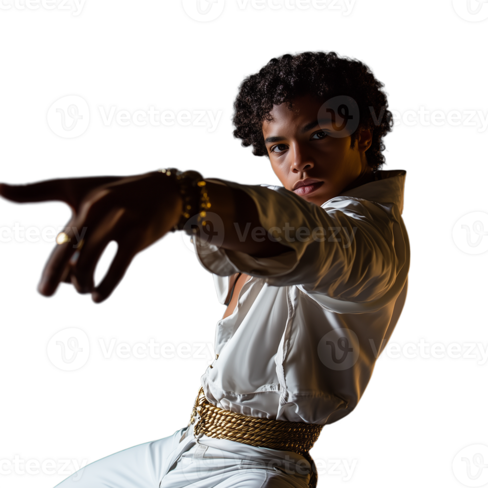 Young man in dynamic dance pose wearing casual clothing, pointing confidently, on a transparent background png