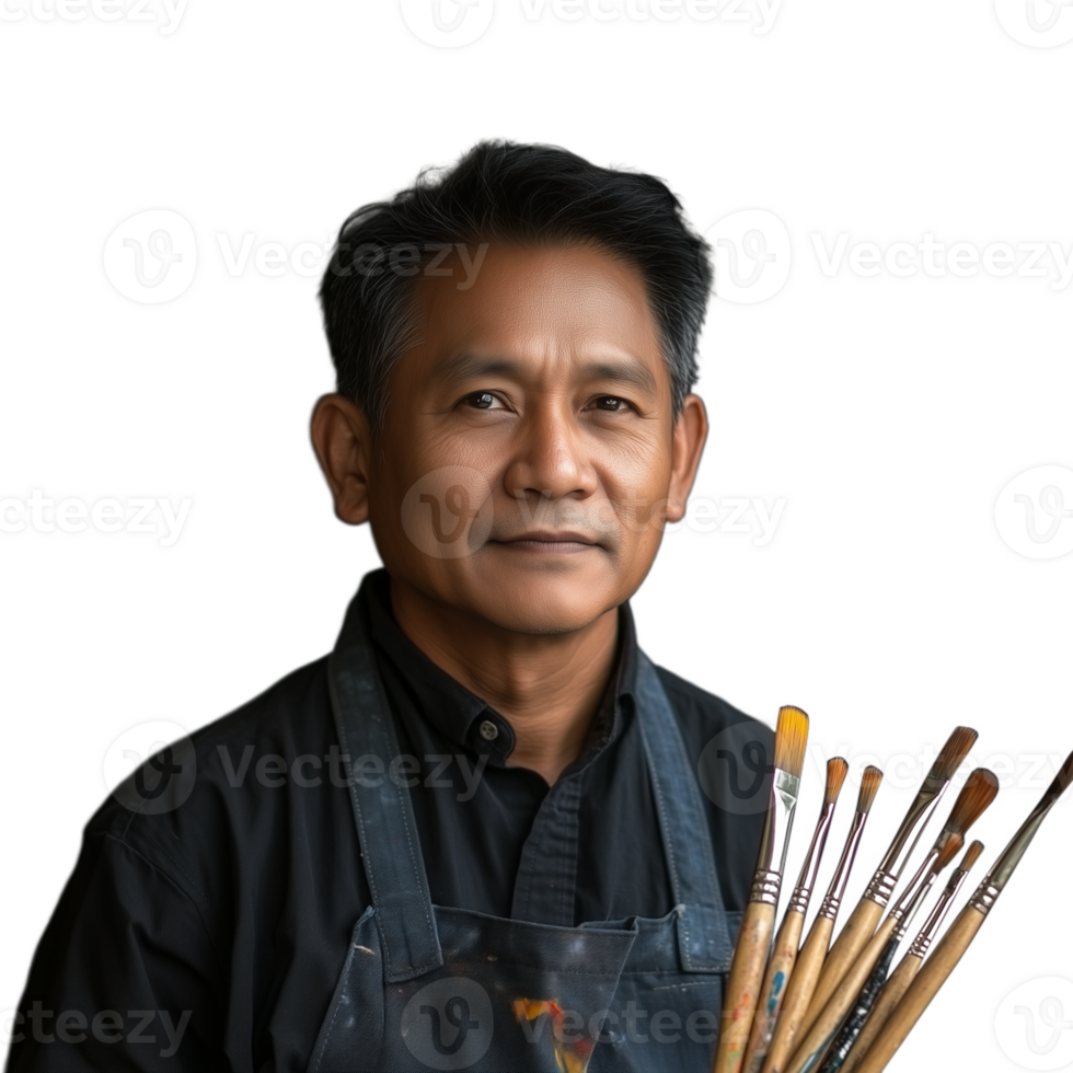 Confident male artist holding a collection of paintbrushes, wearing a black apron, on a transparent background png