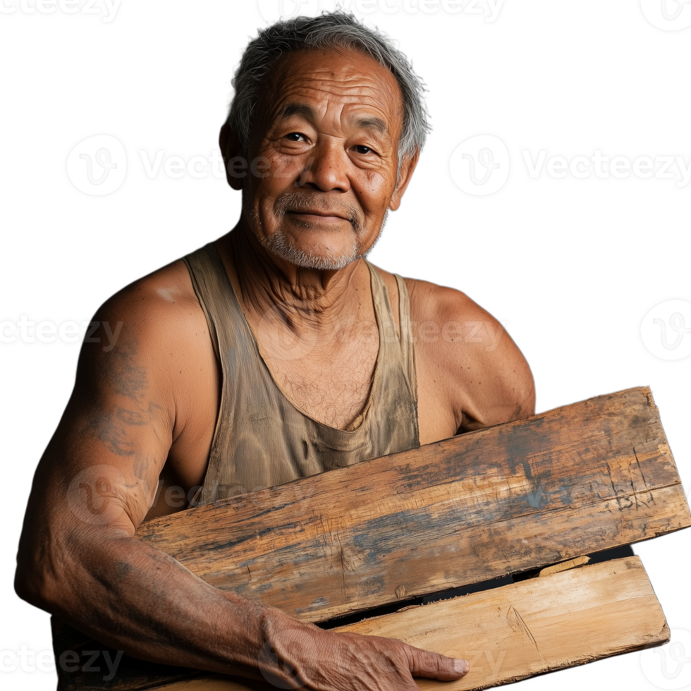 Elderly man holding wooden planks, smiling with a sense of accomplishment, on a transparent background png