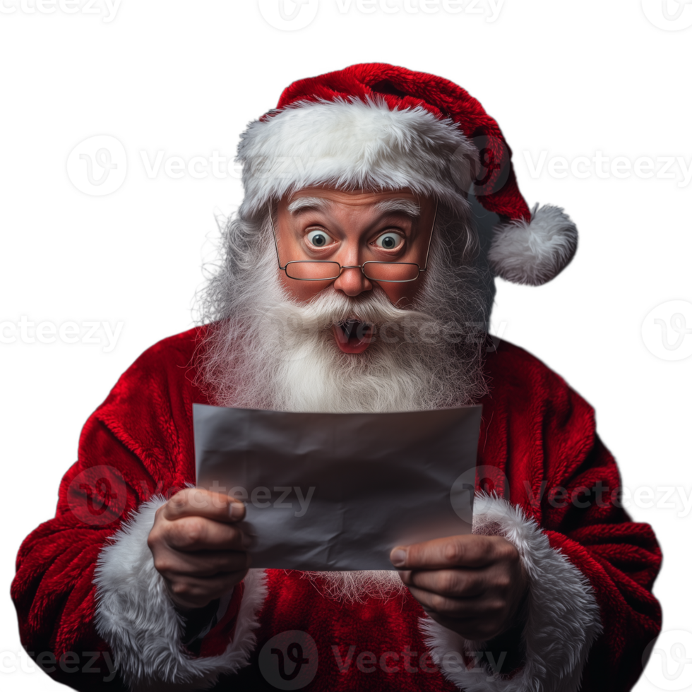 Santa Claus reading a letter with a surprised expression, on a transparent background png