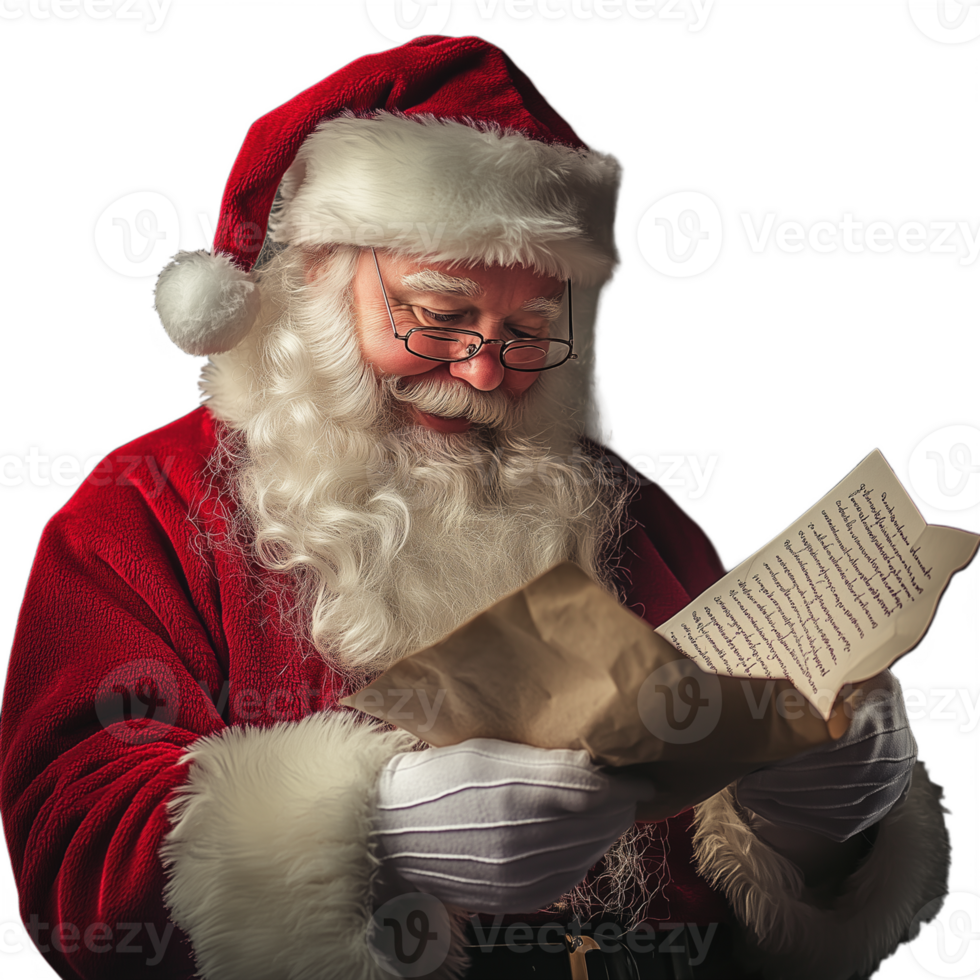 Santa Claus reading a Christmas wish list, smiling as he checks it, on a transparent background png