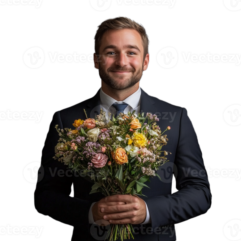 Smiling man in suit holds colorful bouquet of flowers with transparent background png