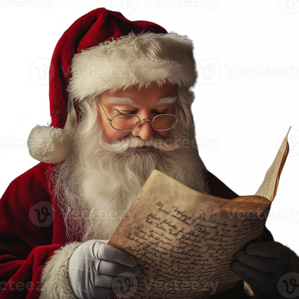 Santa Claus reading a letter with a focused expression, on a transparent background png