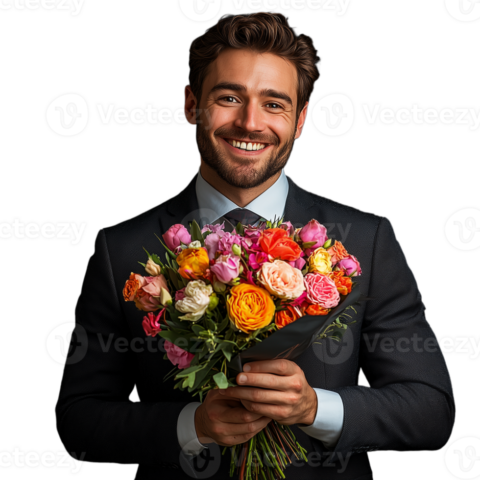 Smiling man in formal suit holding a colorful bouquet of flowers on transparent background, expressing happiness and celebration. png