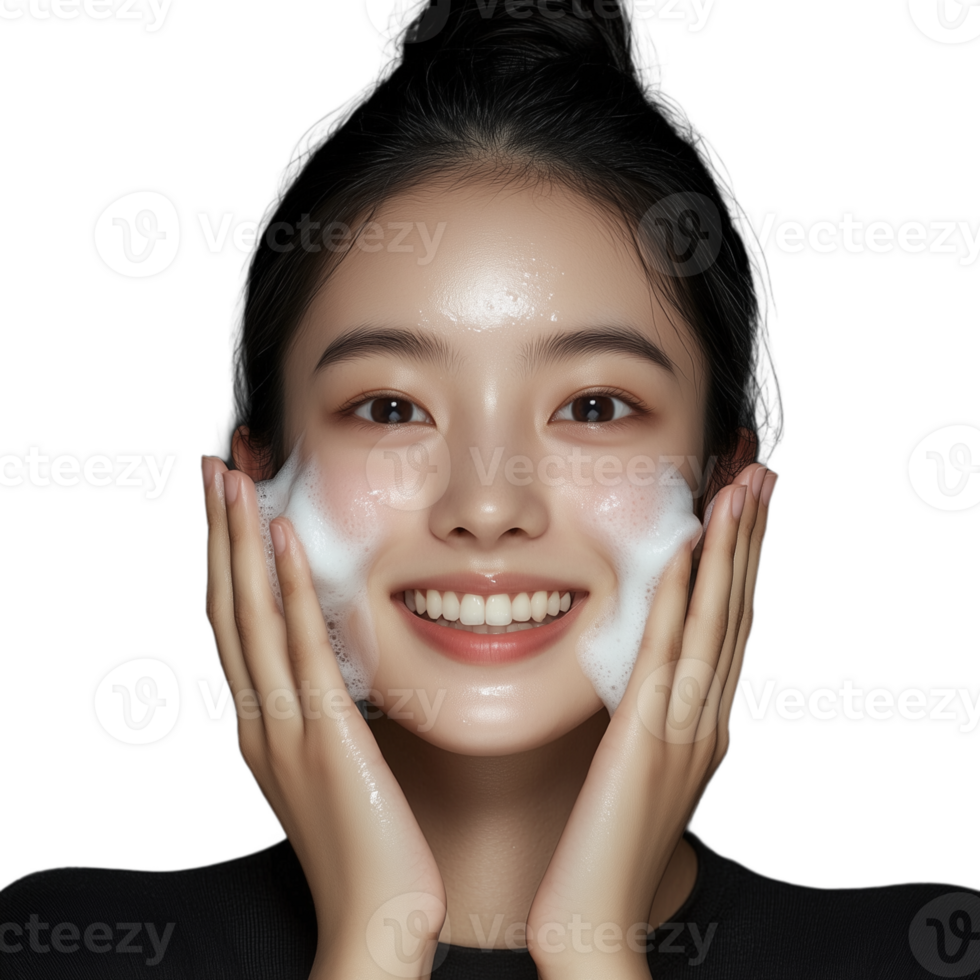 Young woman applying facial cleanser with a smile on her face, promoting skincare and beauty on a transparent background png