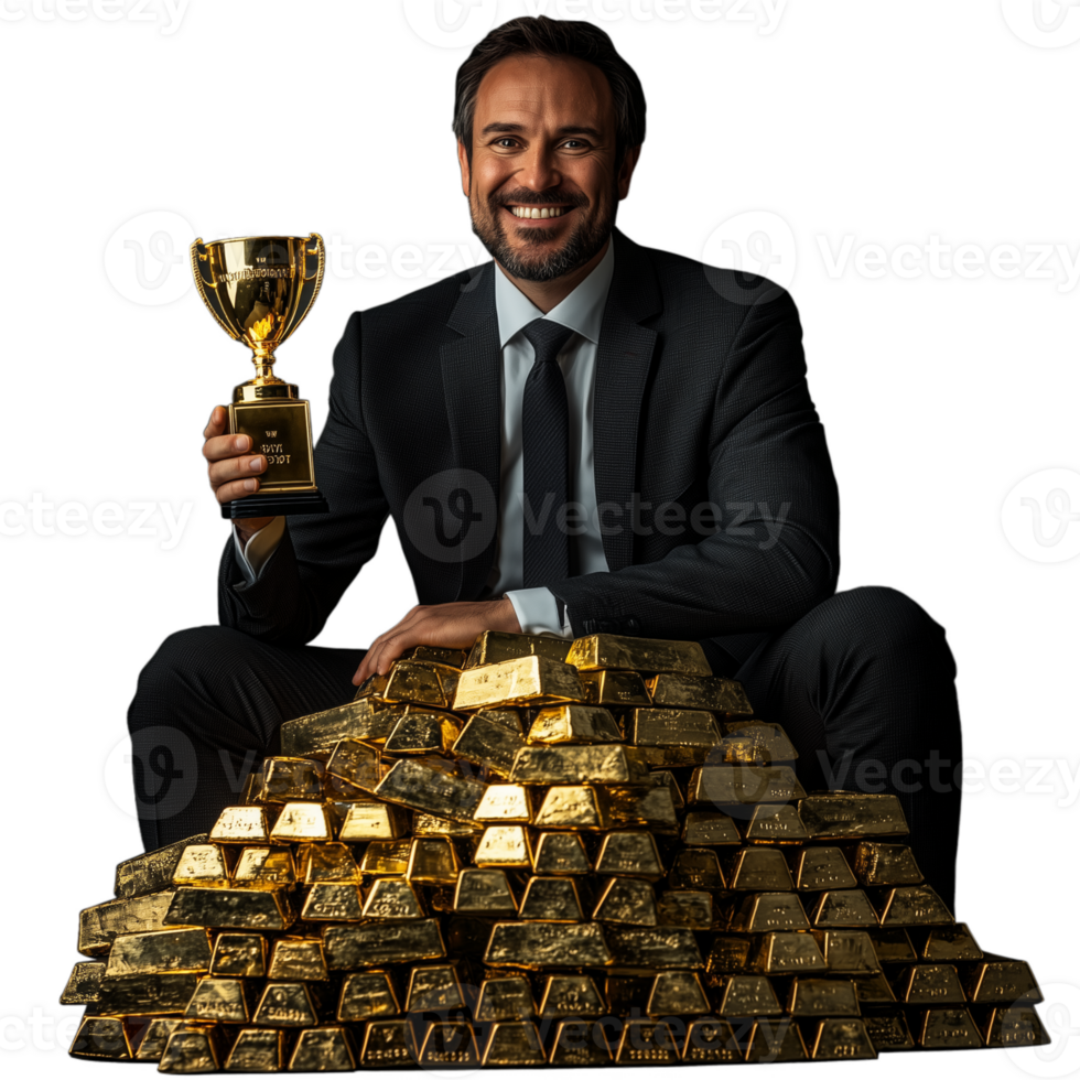 Confident businessman in suit proudly holding a golden trophy while sitting with a large stack of gold bars on transparent background png