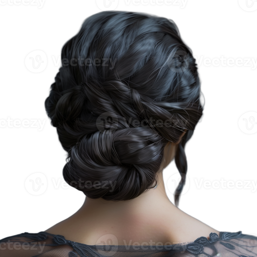 Elegant hairstyle with intricate braids and bun on a woman with dark hair on a transparent background png