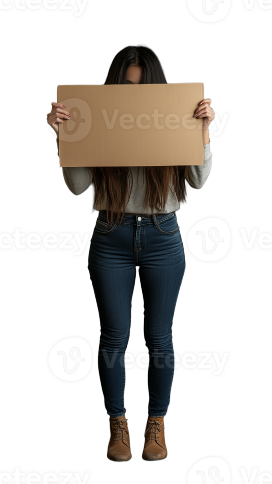 Woman holding a blank cardboard sign covering her face, standing casually on a transparent background, ideal for advertising or messaging concepts png