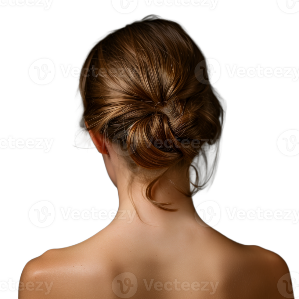 Elegant woman with stylish brown hair in sophisticated updo on transparent background showcasing graceful beauty and timeless hairstyle png