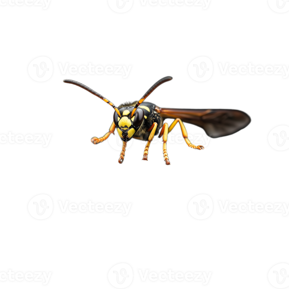 Macro image of a vibrant yellow wasp on a transparent background showcasing intricate details and textures of the insect's body and wings in high resolution. png