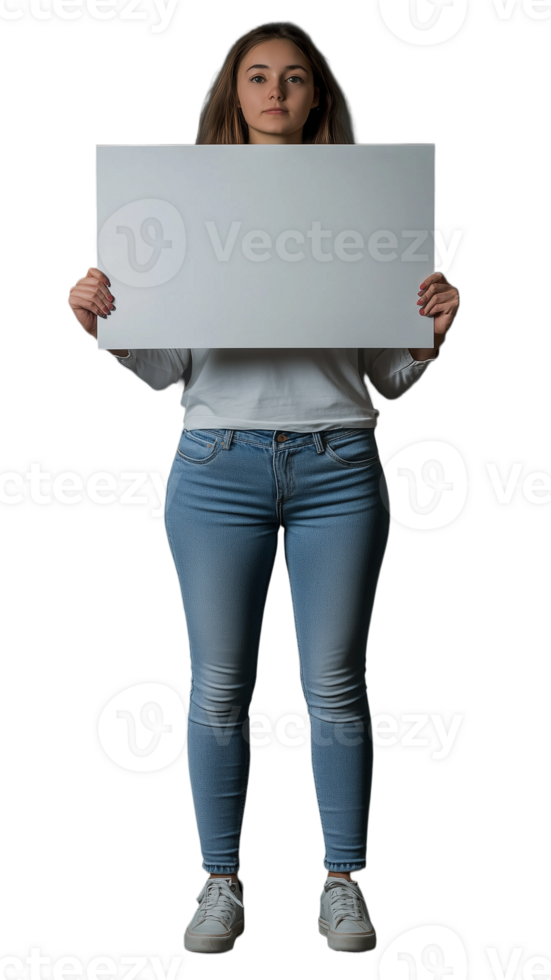 Young woman in casual outfit holding blank sign on transparent background, perfect for advertising, marketing, and promotional materials png