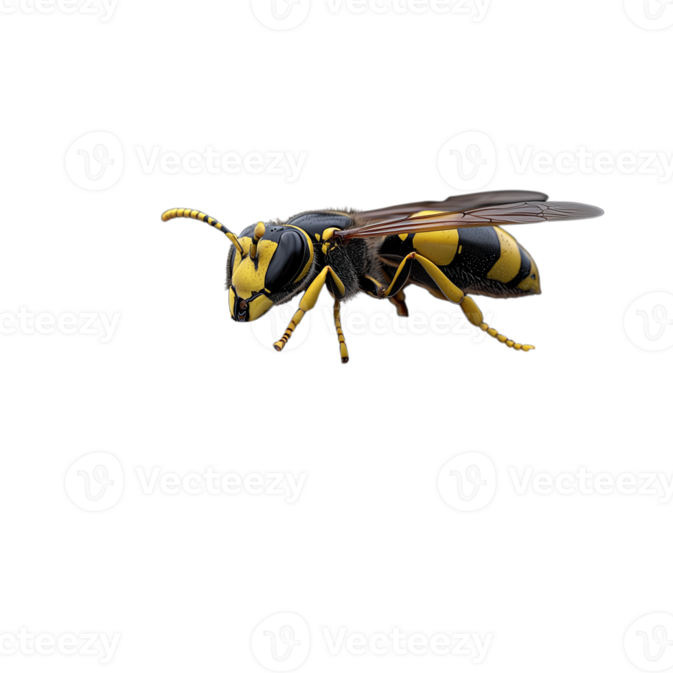 Detailed close-up of a wasp on a transparent background showcasing its vivid yellow and black patterns and intricate body structure. png