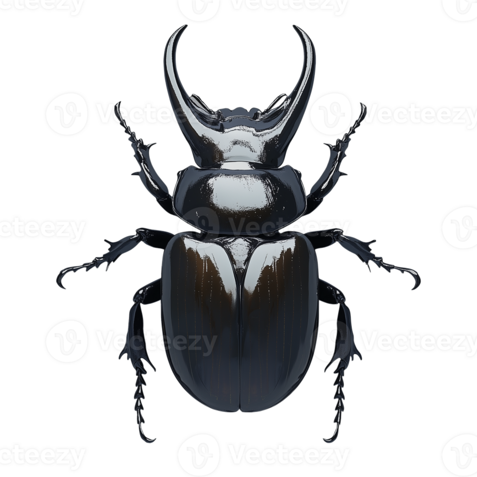 Detailed illustration of a shiny black beetle with prominent horns on a transparent background showcasing intricate details and symmetry png