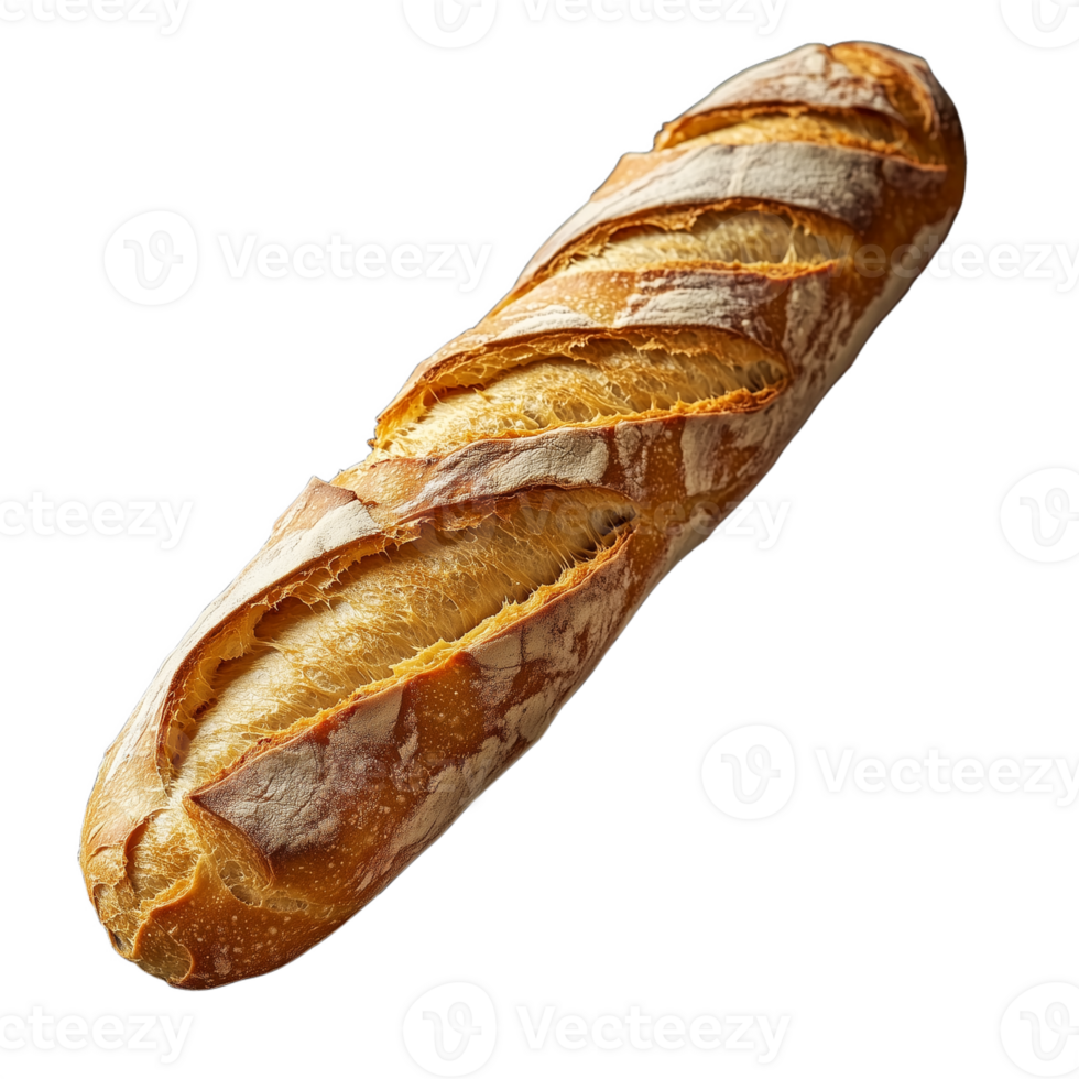 Freshly baked crusty French baguette on a transparent background showcasing its golden crispy crust and traditional texture png
