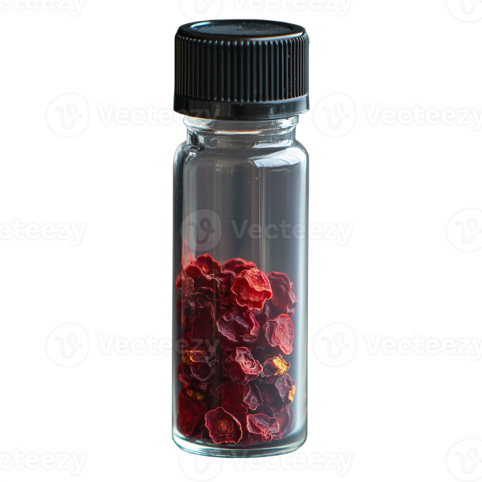 Glass jar containing dried red petals on a transparent background ideal for use in aromatherapy or herbal medicine projects png