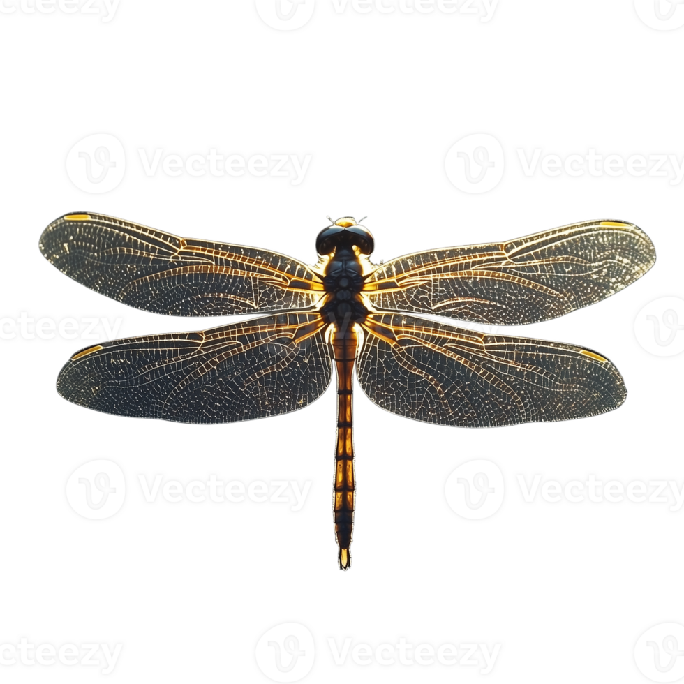 Detailed close-up of a dragonfly with transparent wings isolated on transparent background showcasing intricate patterns and natural beauty png