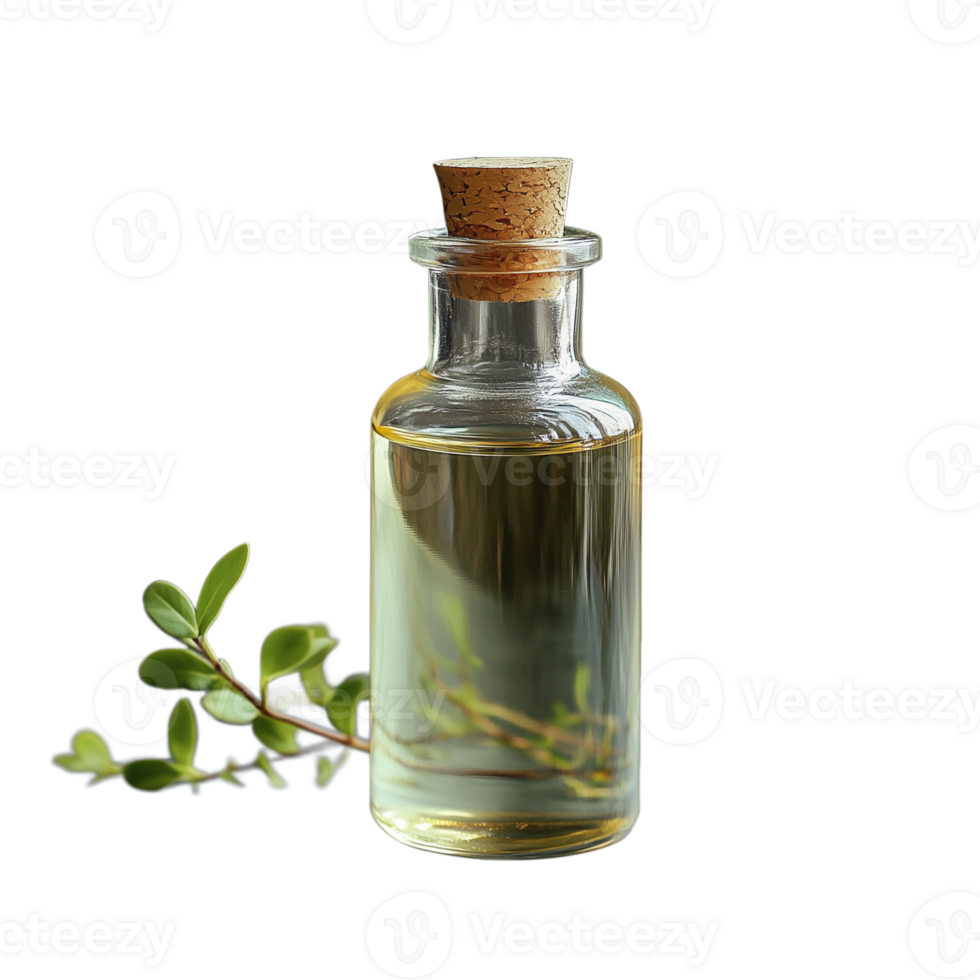 Glass bottle with cork lid containing essential oil and fresh green branch, isolated on transparent background for natural aromatherapy and organic skincare concepts png
