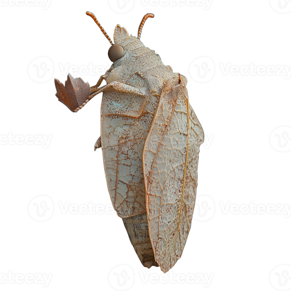Detailed close-up of a beautifully camouflaged leaf mimic moth with intricate patterns on a transparent background png