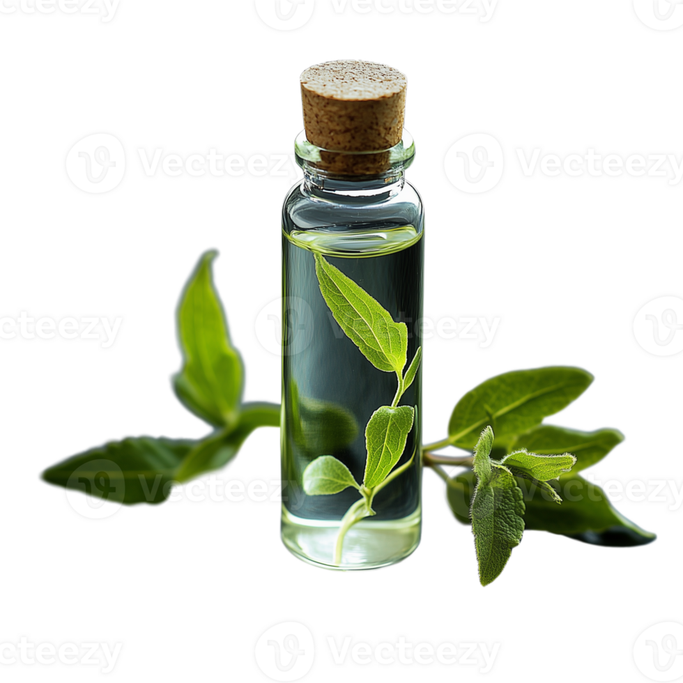 Natural essential oil bottle with fresh green leaves on transparent background showcasing organic beauty and wellness png