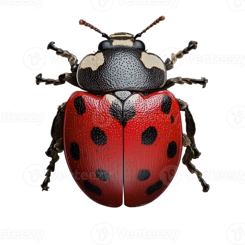 Detailed close-up of a ladybug isolated on transparent background showcasing red wings with black spots png