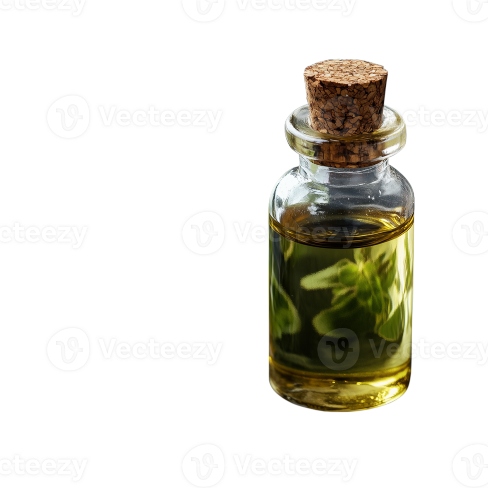 vaso botella con corcho conteniendo herbario petróleo y Fresco verde hierbas en un transparente fondo, Perfecto para aromaterapia y natural salud conceptos png