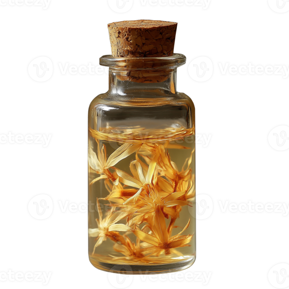 Glass jar with cork lid containing dried marigold flowers submerged in liquid on a transparent background png