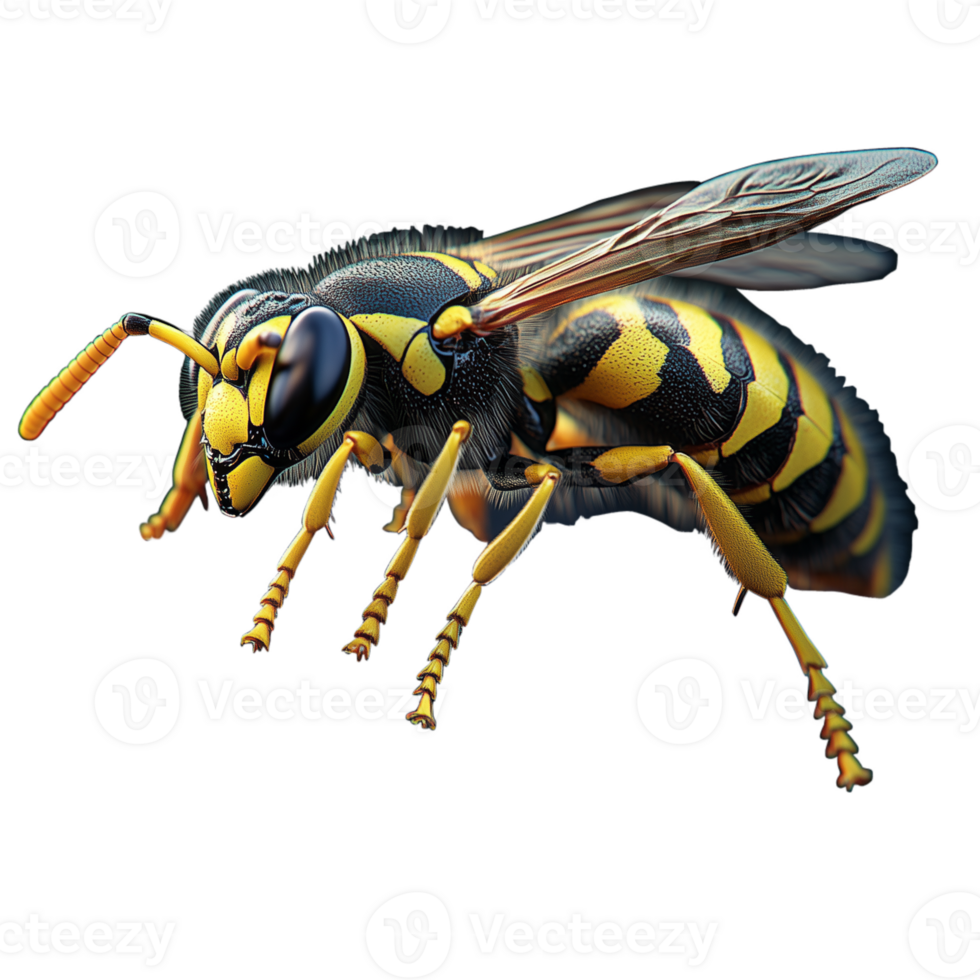 Detailed close-up of a vibrant, yellow and black striped wasp on a transparent background showcasing its intricate textures and features. png