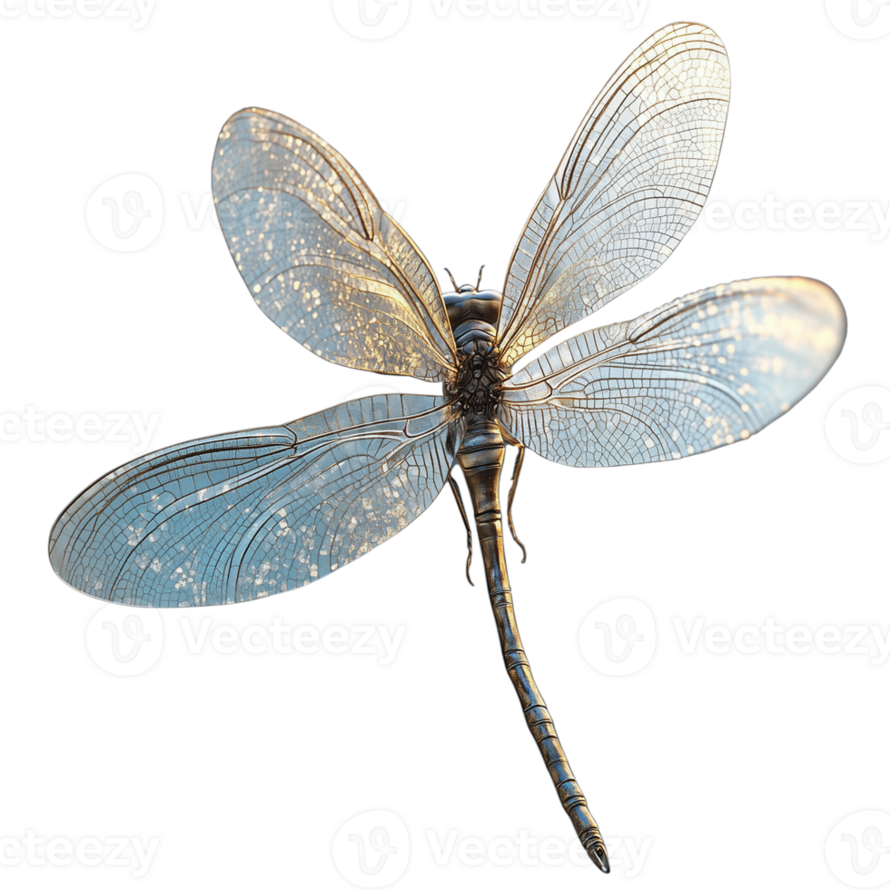 Detailed close-up of a dragonfly with transparent wings on a transparent background showcasing intricate patterns and delicate structure png