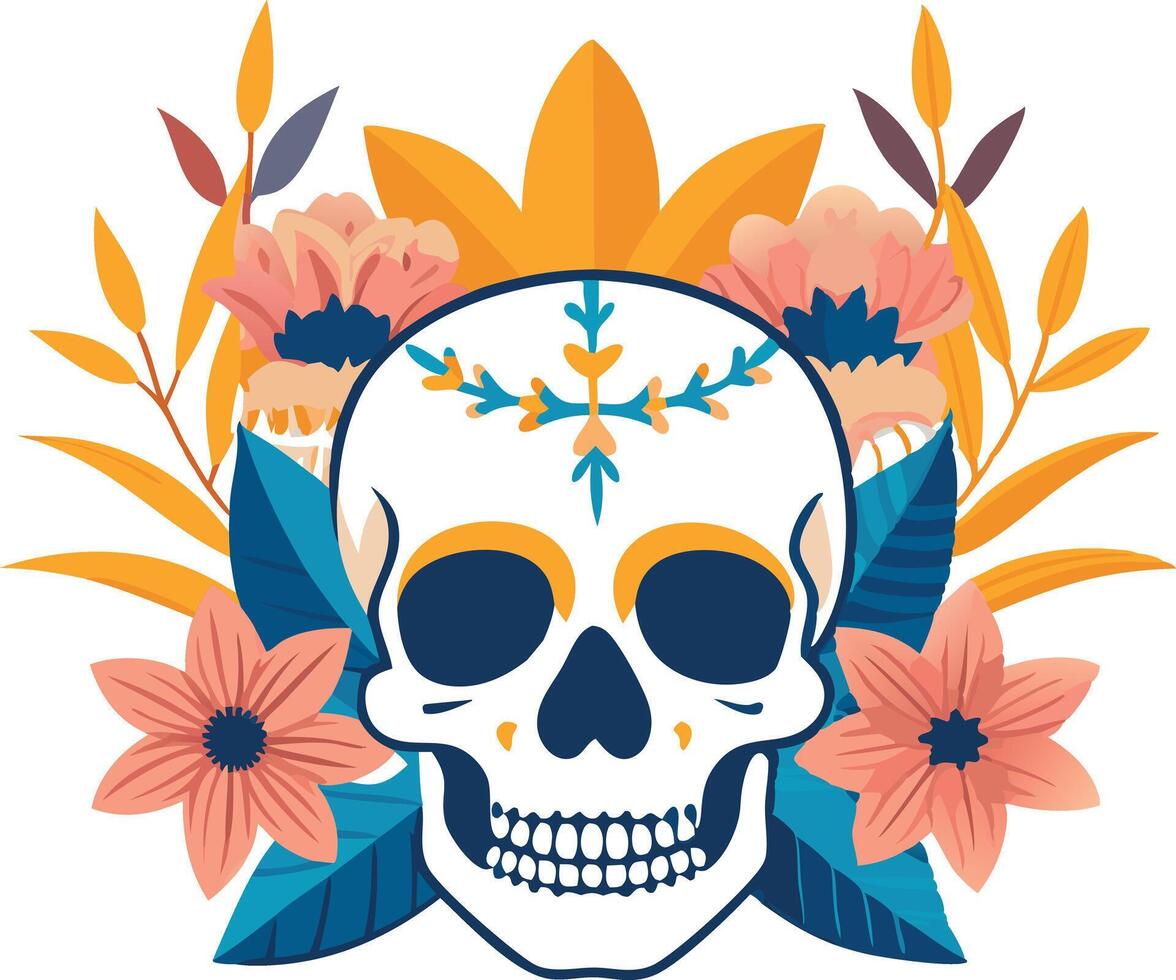 Day of the Dead skull with orange and yellow flower, flat style, for web design, invitations, festive decor vector