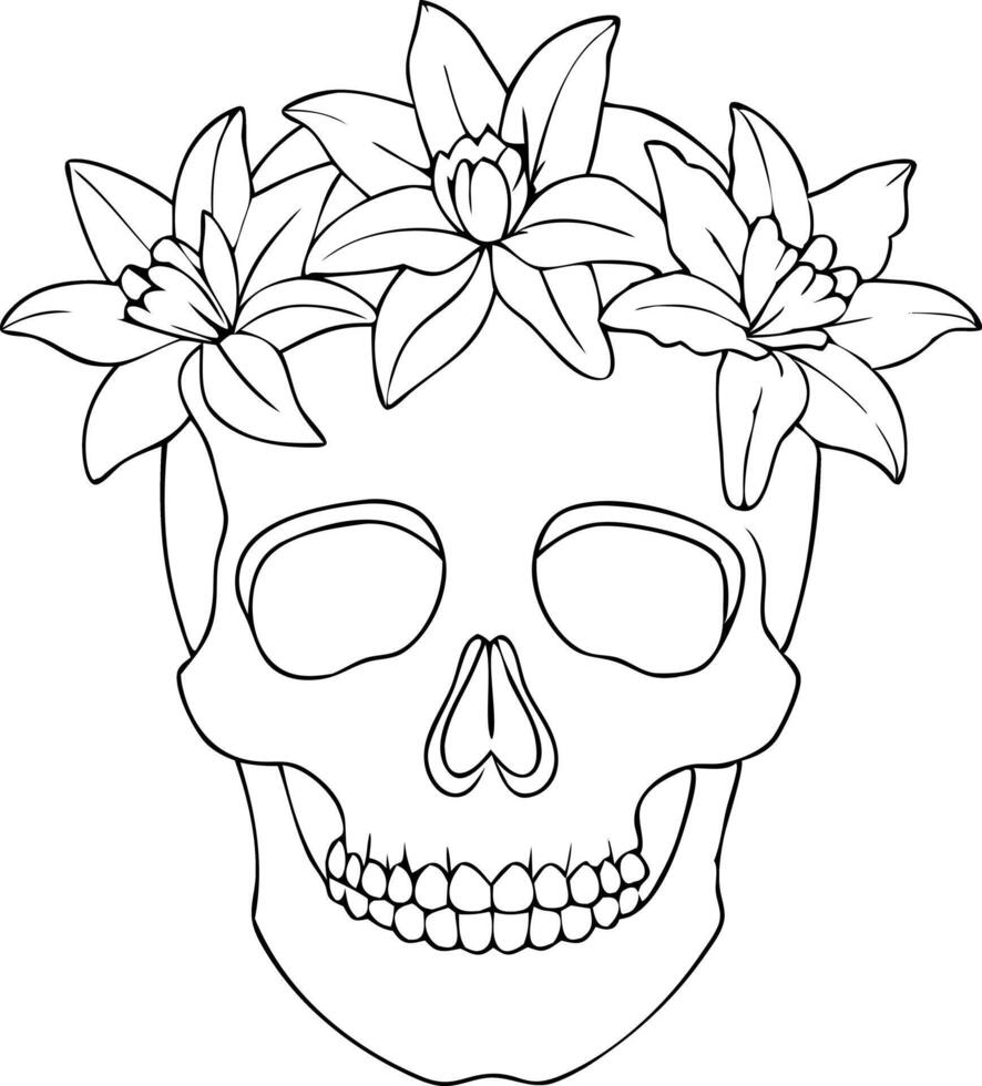 Line art skull with flowers, isolated, for Dia de los Muertos, Halloween decorations, isolated on white background vector