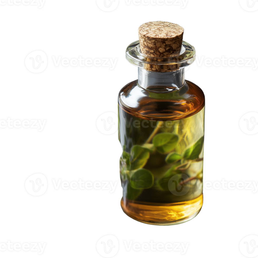 Glass bottle of herbal essential oil with cork stopper on a transparent background, featuring fresh green leaves in amber liquid, ideal for aromatherapy and natural skincare concepts png
