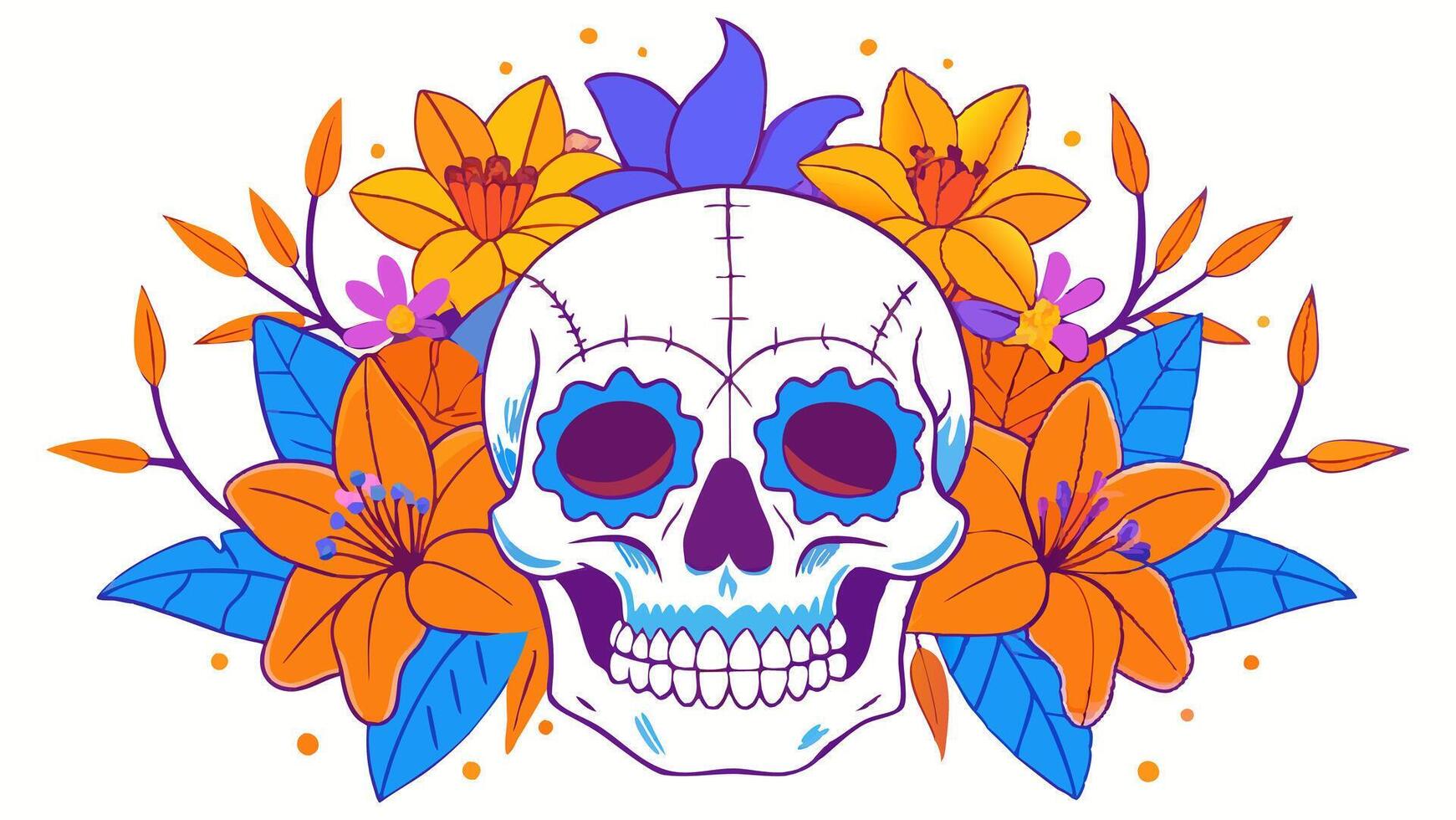 Skull with floral elements, vibrant illustration for Dia de los Muertos, Halloween, nature vector