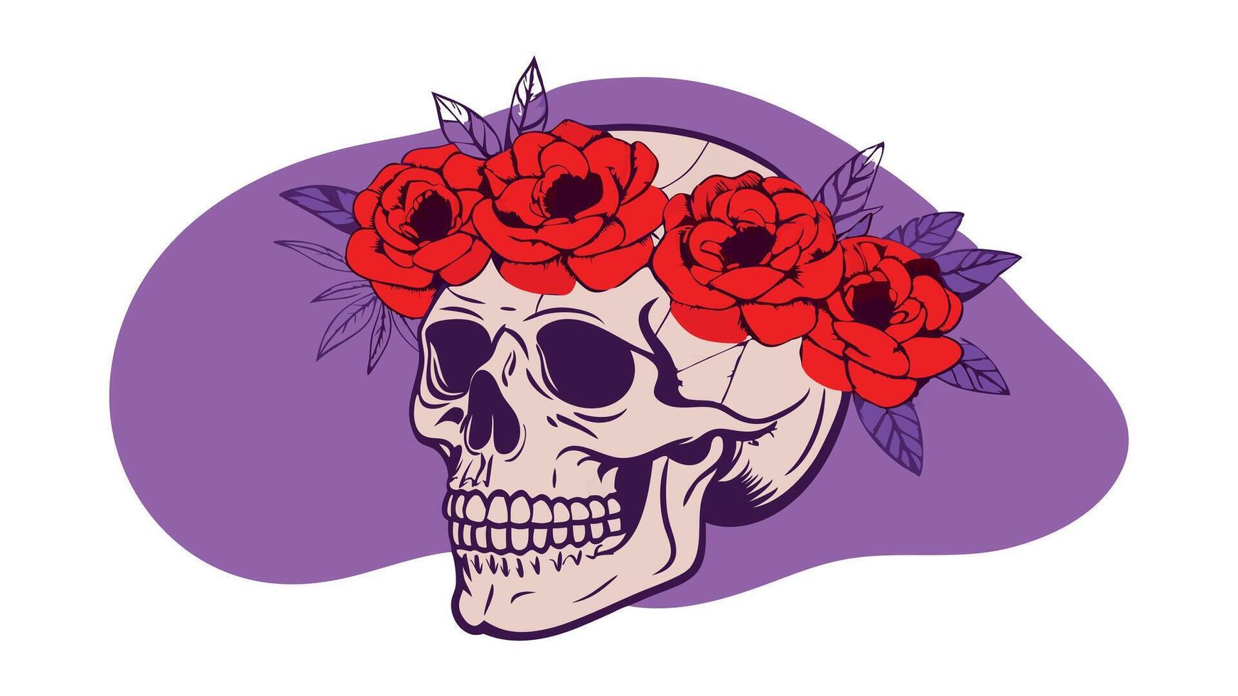 Stylized skull with red floral crown on a purple background, a modern boho-style illustration. For Halloween designs, fashion prints, and accessories vector