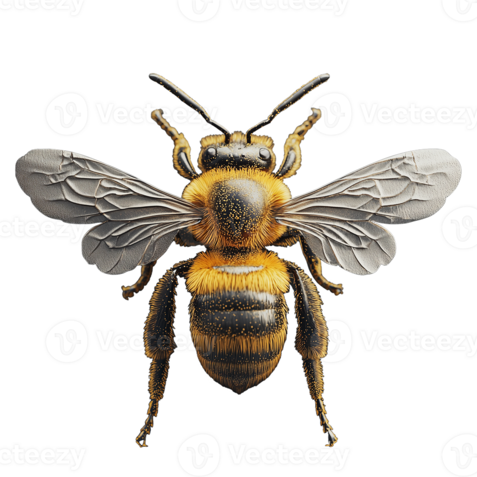 Detailed illustration of a bee with transparent wings isolated on a transparent background showcasing its intricate patterns and textures png