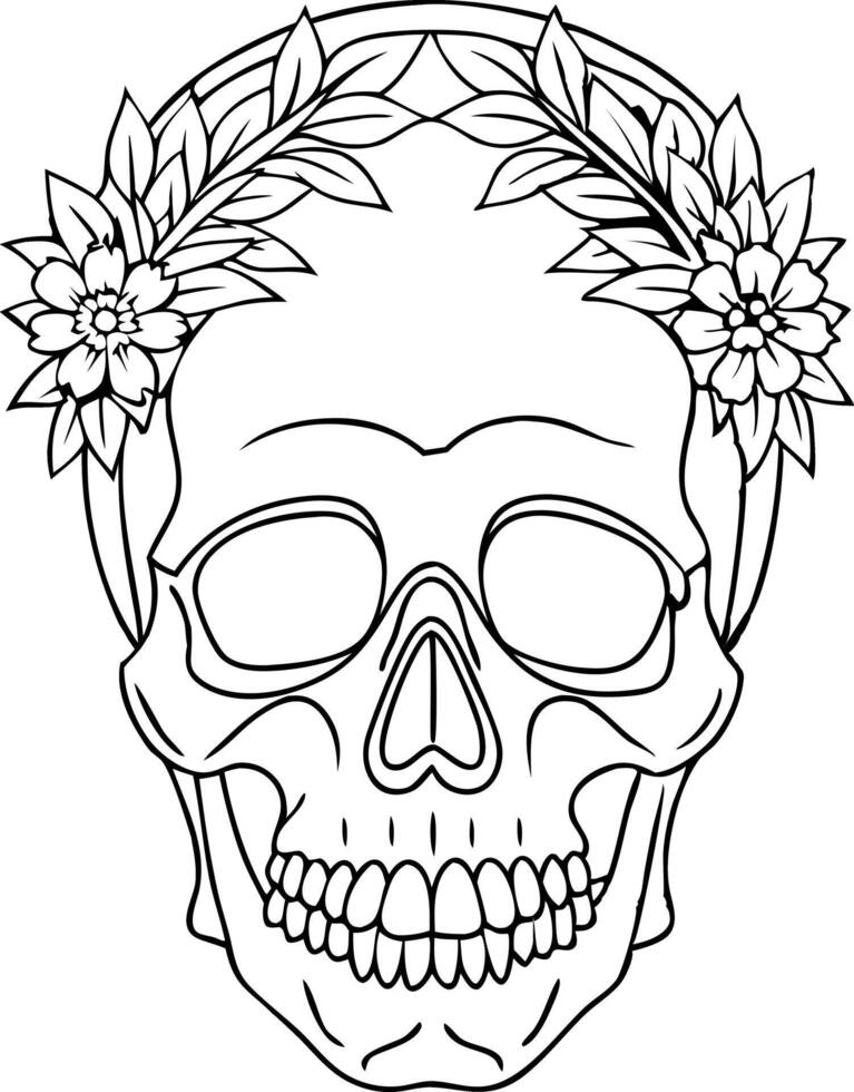 Floral skull in monochrome, outline design vector
