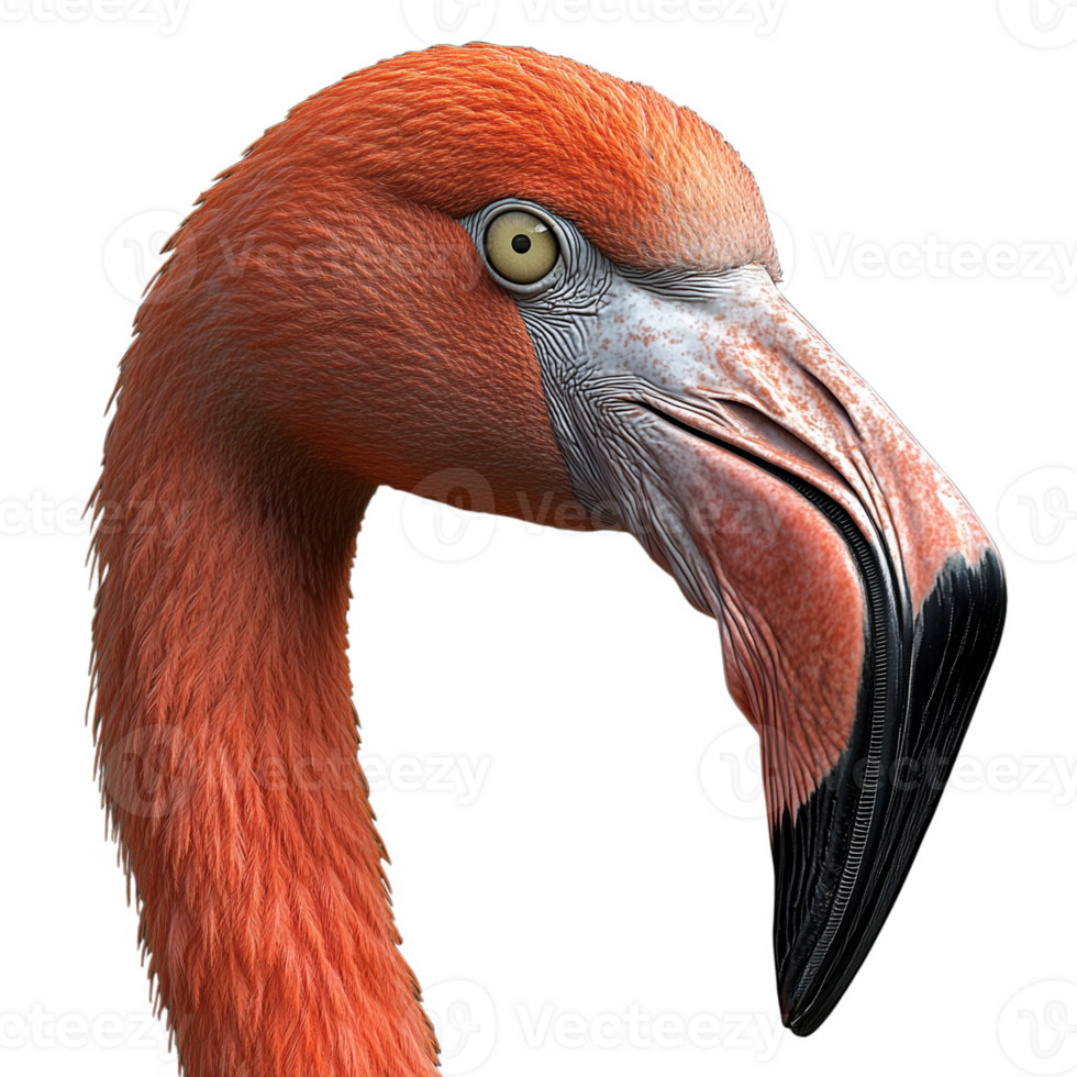 Close-up illustration of a pink flamingo displaying its intricate feather details on a transparent background png
