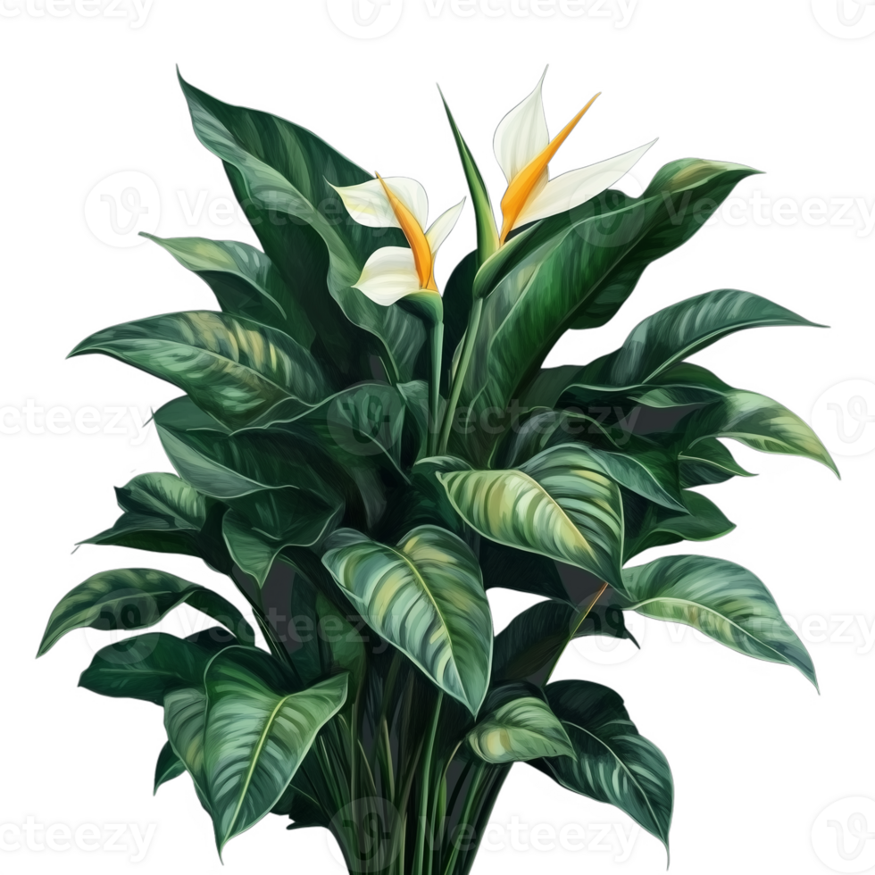 Beautiful bird of paradise plant illustration with lush green leaves and vivid flowers on transparent background png