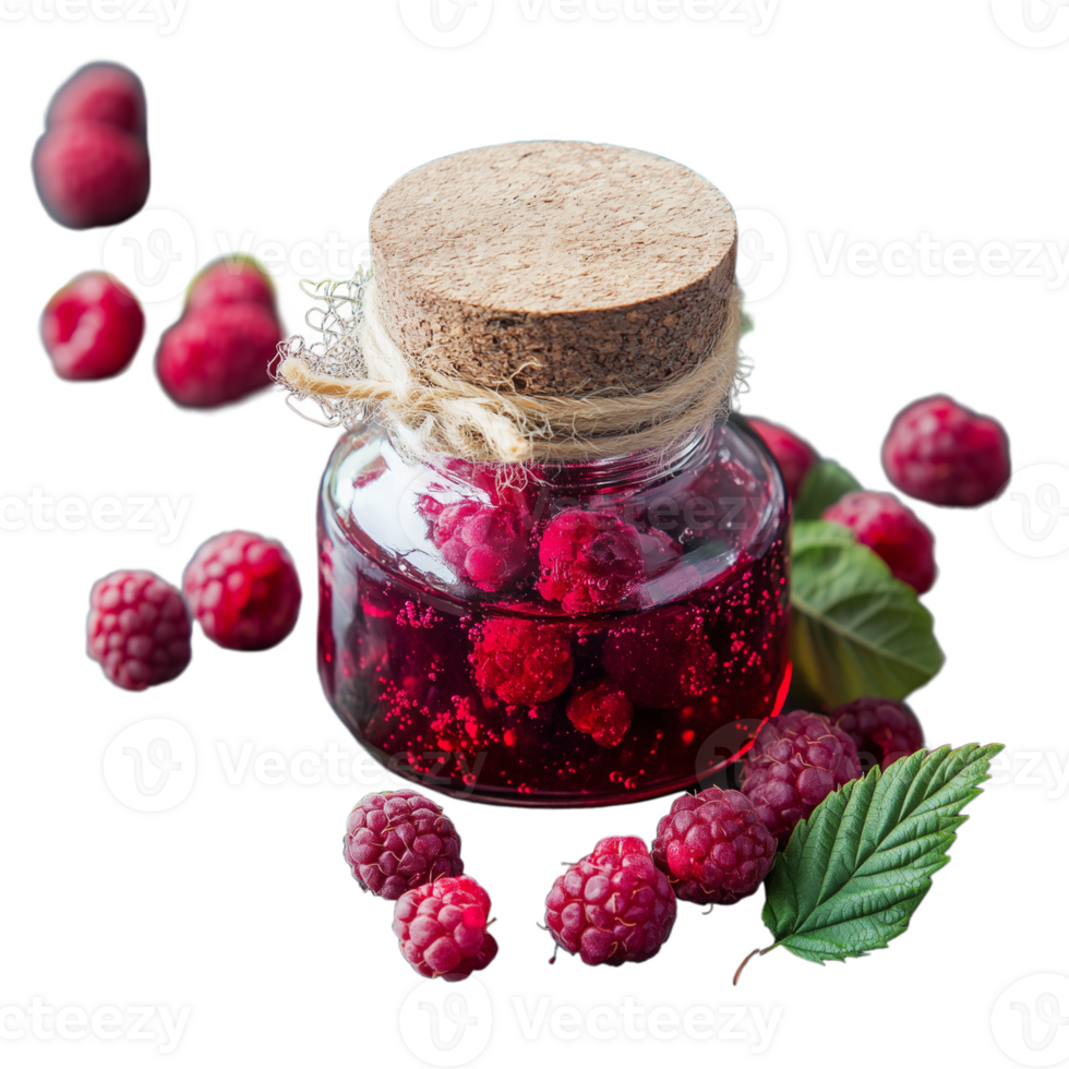 Glass jar filled with fresh raspberries and natural juice with cork lid on transparent background png