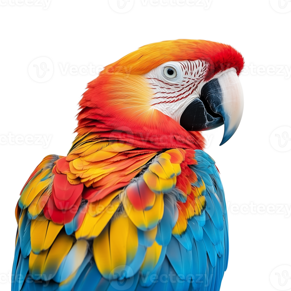 Colorful tropical parrot close-up on transparent background with vibrant feathers and detailed features png