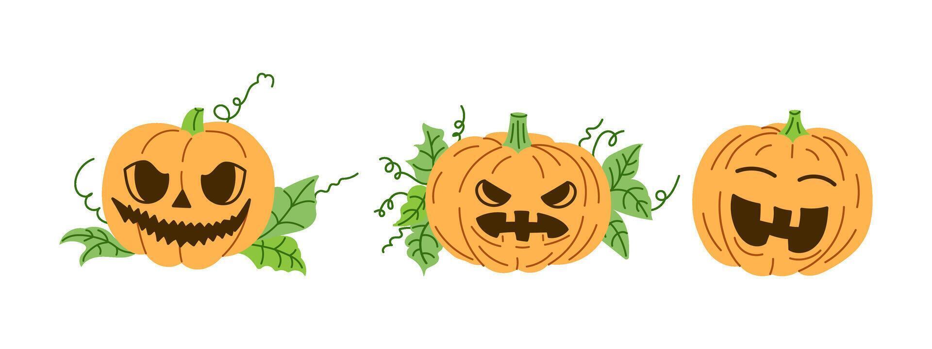 flat style Halloween Illustration. Hand-drawn scary pumpkin sketch set. vector