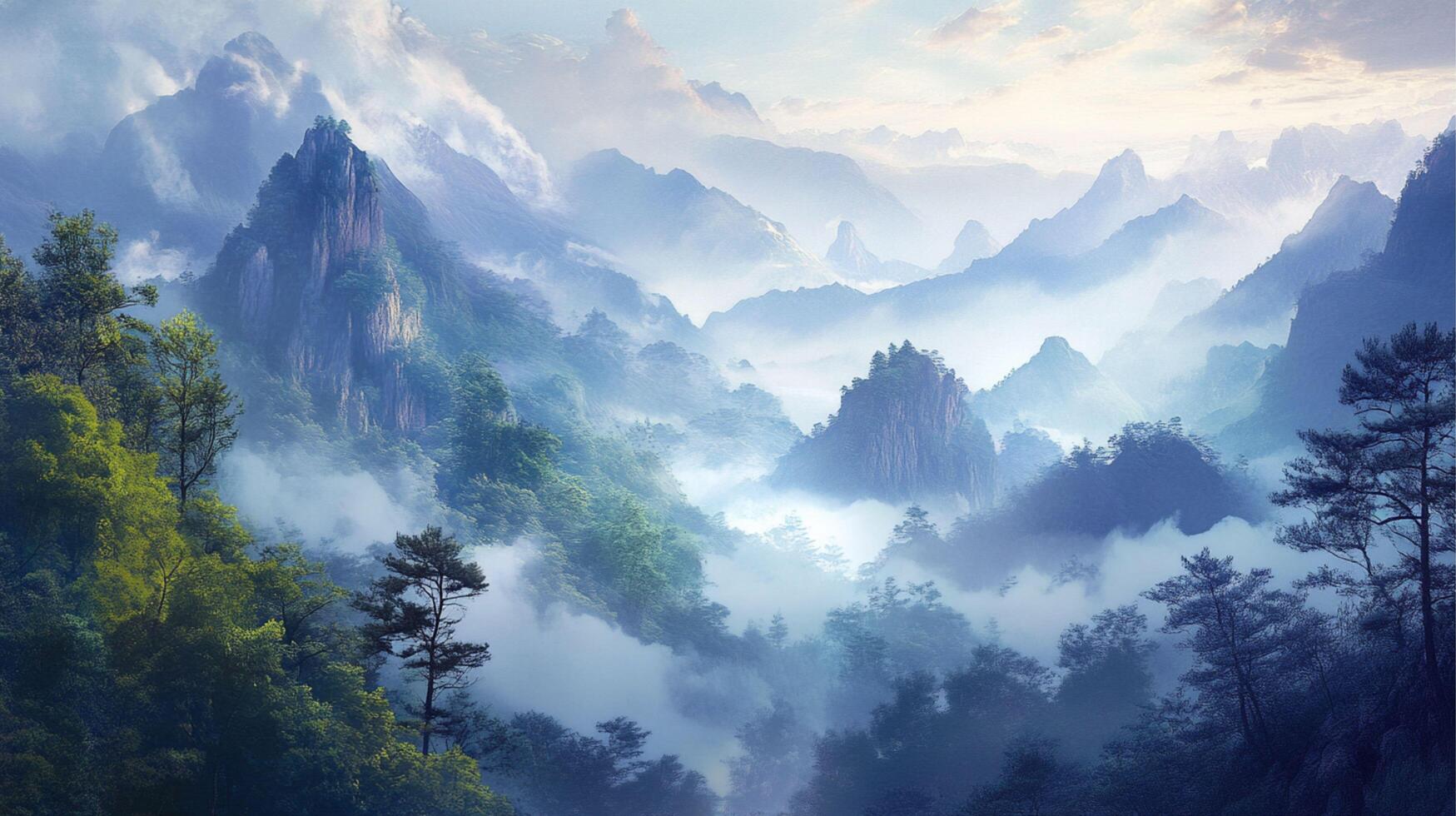 Beautiful nature landscape with mountains with fog and mist photo
