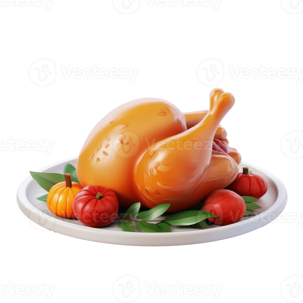 thanksgiving turkey on plate with vegetables and fruit png