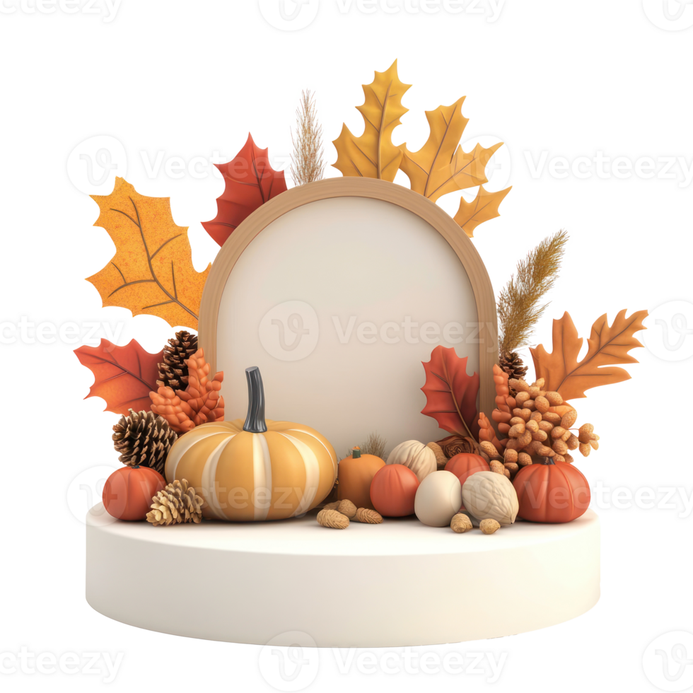 3d pumpkin and autumn leaves on a white pedestal png