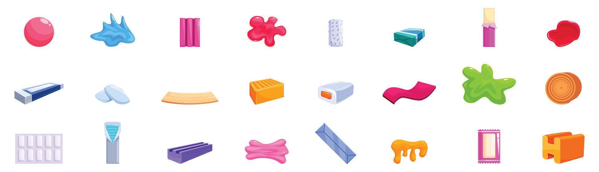 Chewing gum icons set. Chewing gum bubble gum collection with different flavors and shapes vector