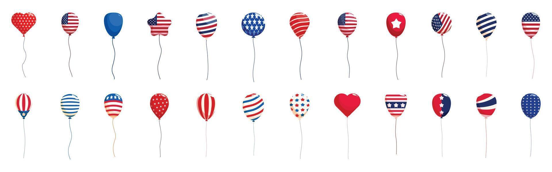 4th july air balloon icons set. American flag themed balloons floating on white background vector