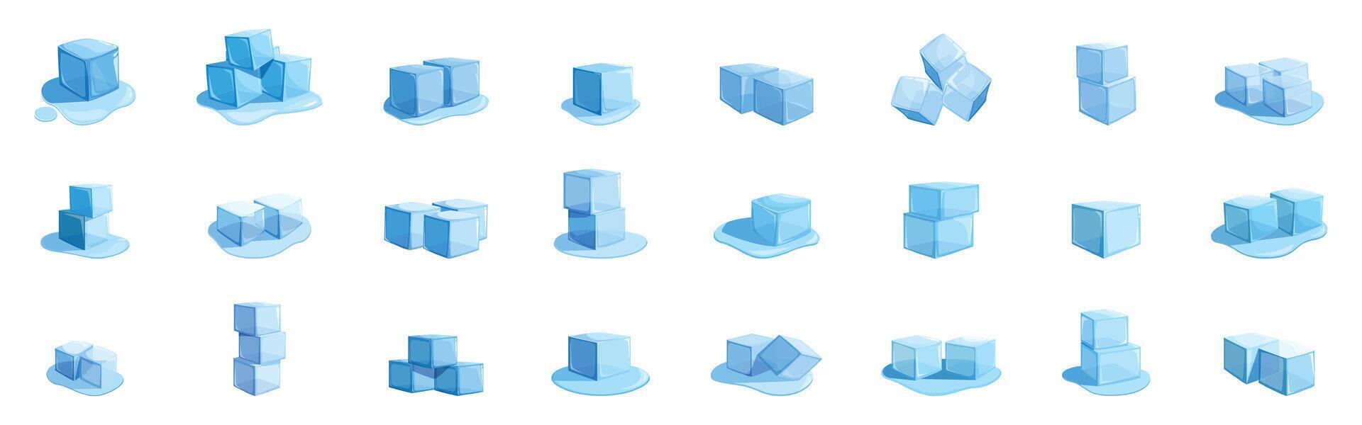 Ice cube cocktail icons set. Set of ice cubes melting in different arrangements vector