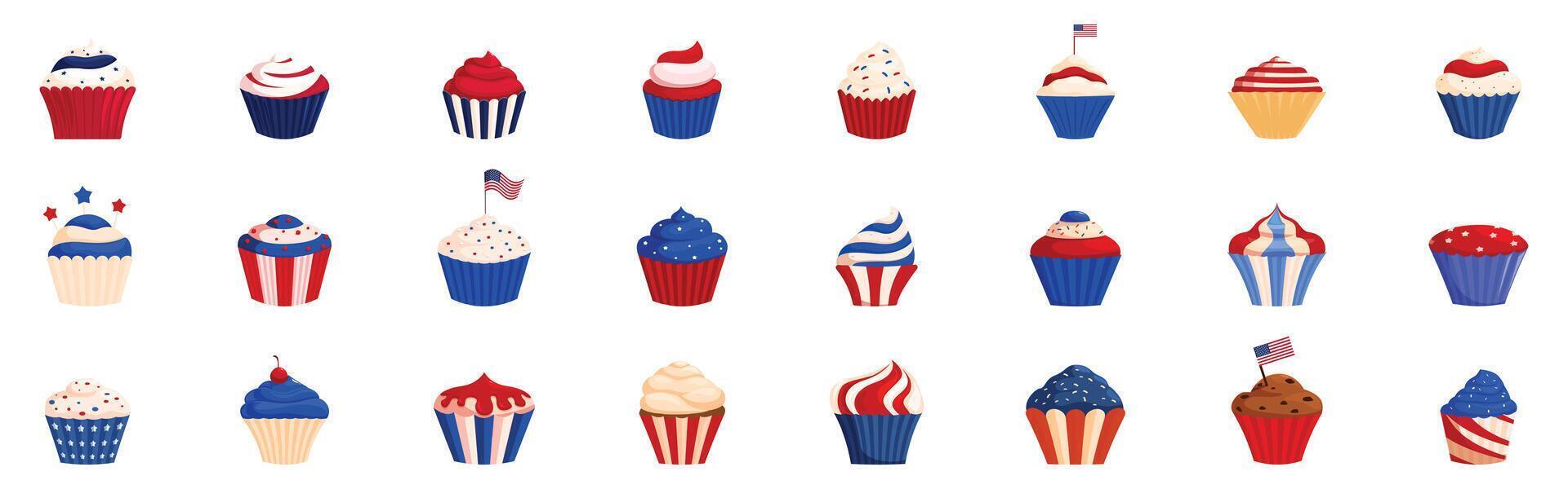 4th july cupcake icons set. Set of tasty patriotic cupcakes celebrating american holidays vector