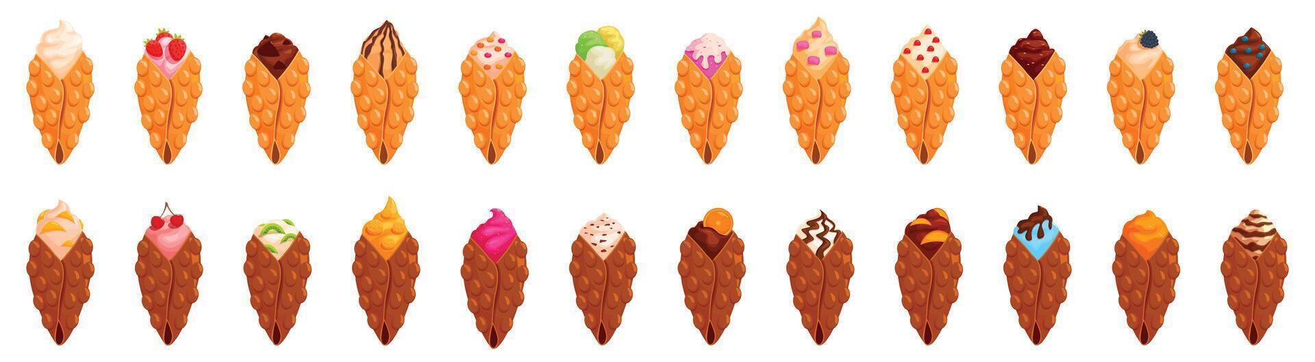 Hong kong waffle icons set. Set of bubble waffles with different toppings being served on white background vector